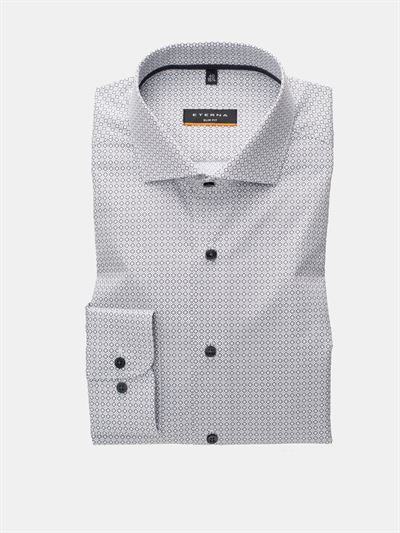 Eterna poplin print skjorte i grå og hvid. Med mørke knapper og cut-away krave. Slim Fit 3857 37 F182